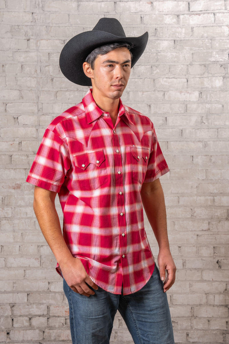 mens red plaid dress shirt Men's Red & White Shadow Plaid Short Sleeve Western Shirt
