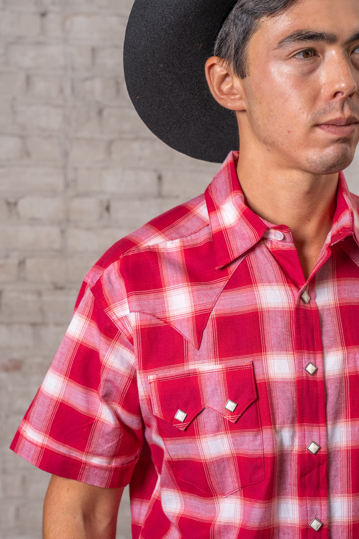 Men's Red & White Shadow Plaid Short Sleeve Western Shirt