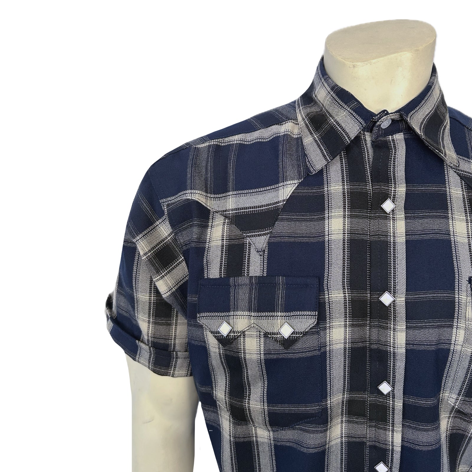 Men's Blue Short Sleeve Plaid Western Shirt