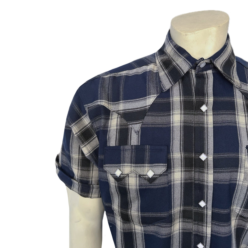 Men's Blue Short Sleeve Plaid Western Shirt