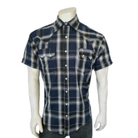 Men's Blue Short Sleeve Plaid Western Shirt