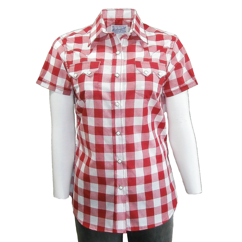 Women's Short Sleeve Red Gingham Check Western Shirt