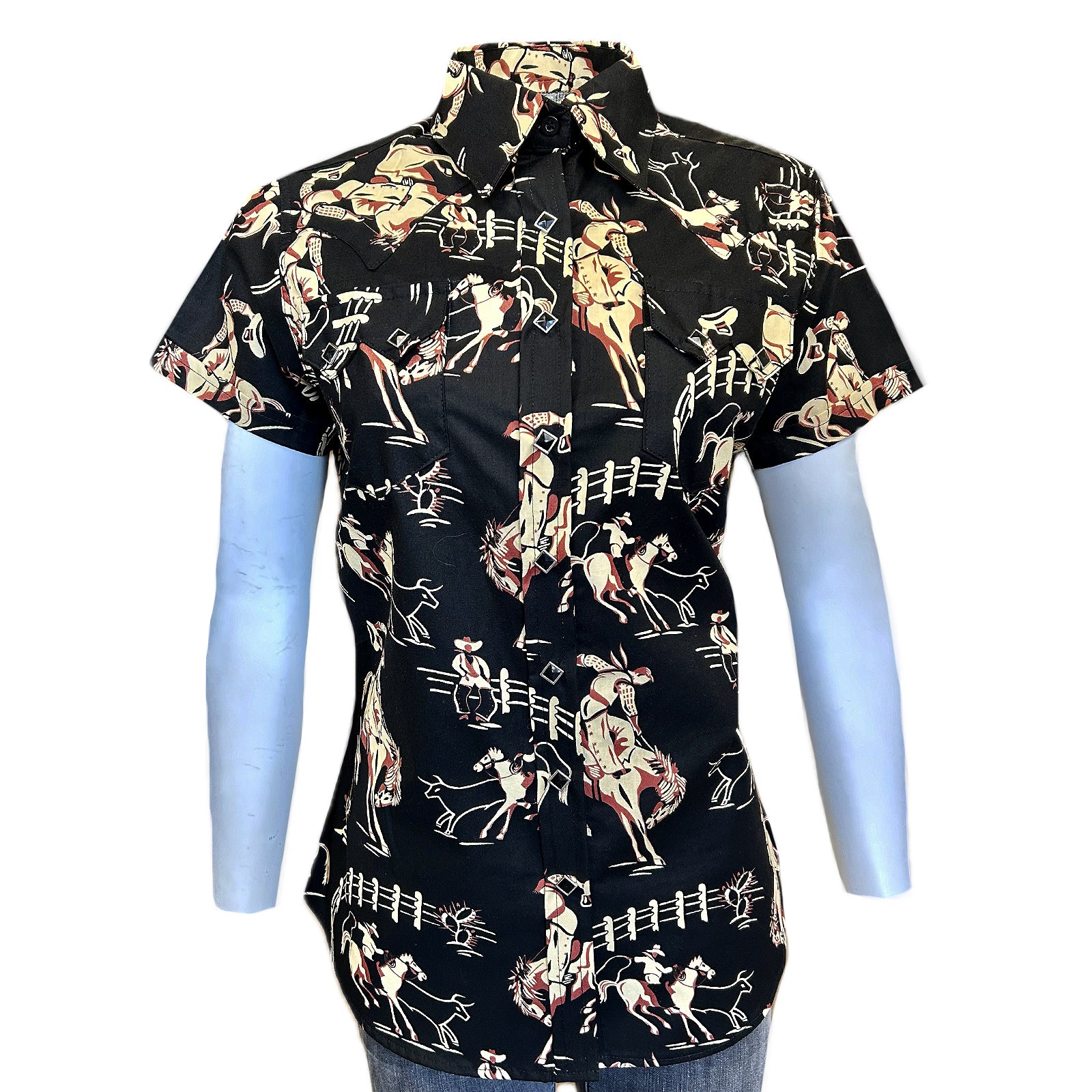 Women’s Vintage Bronc Print Short Sleeve Black Western Shirt