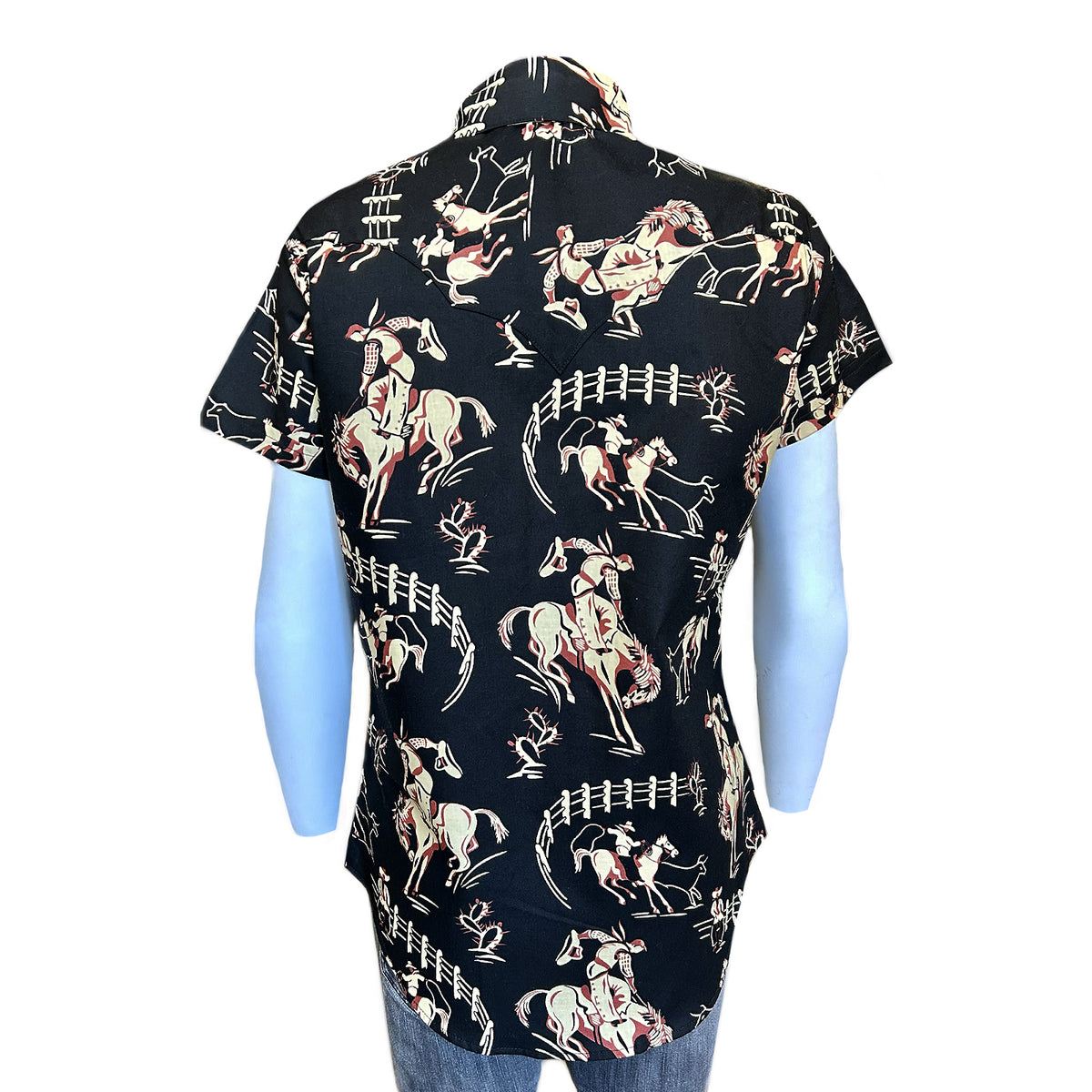 Men's Vintage Black Short Sleeve Bronc Print Western Shirt