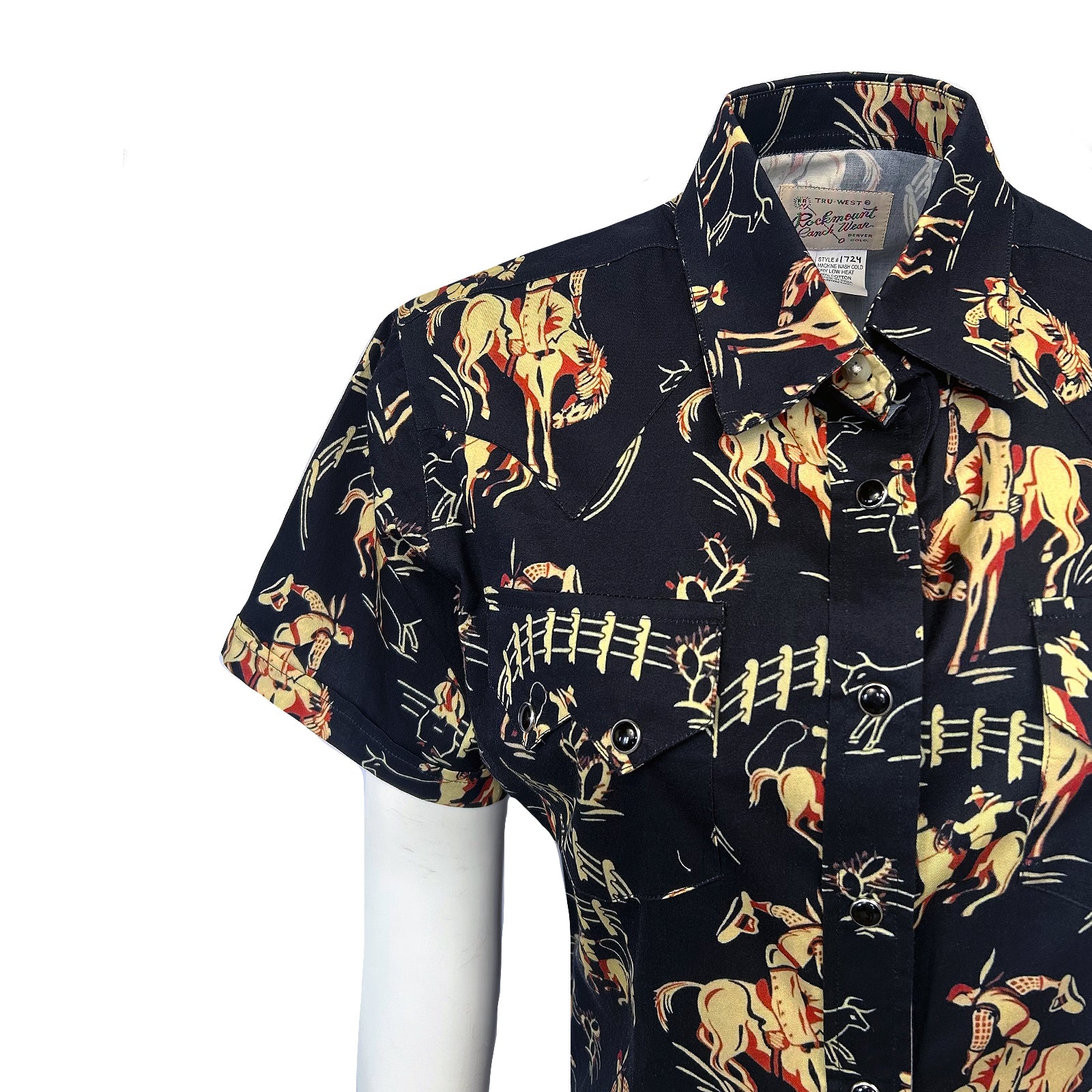 Women’s Vintage Bronc Print Short Sleeve Black Western Shirt