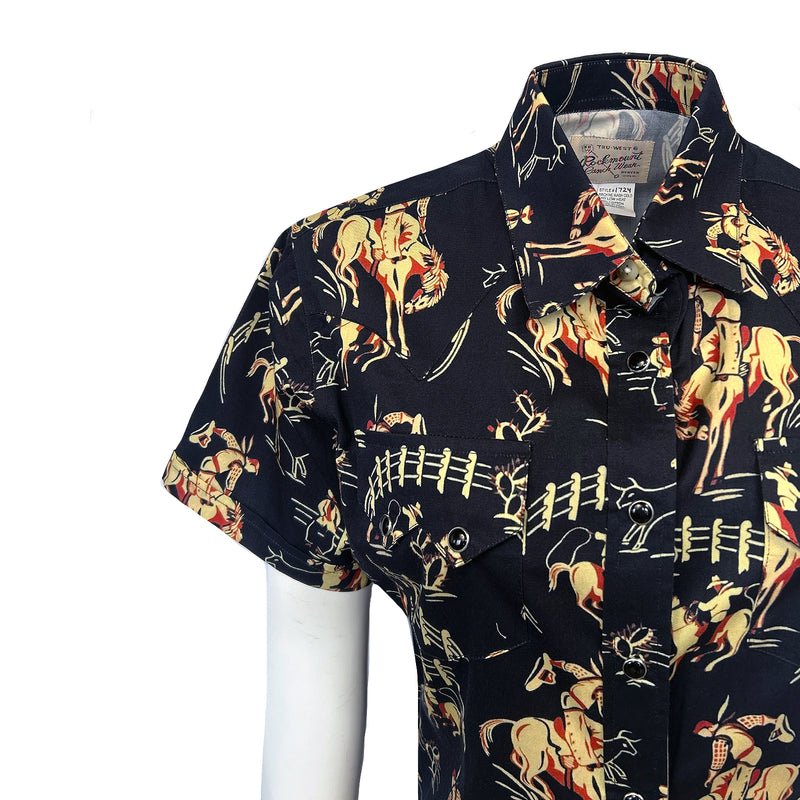 Women’s Vintage Bronc Print Short Sleeve Black Western Shirt