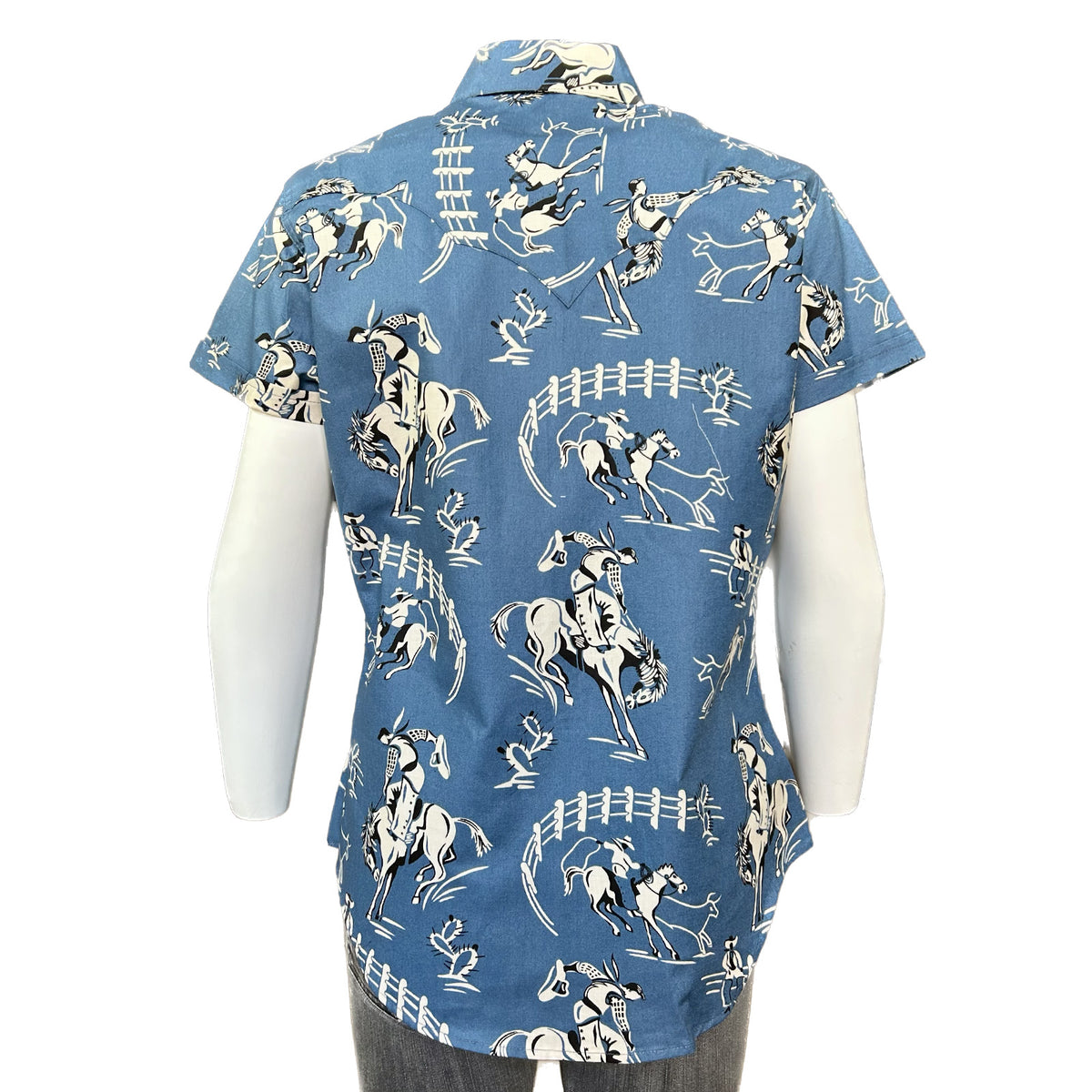 Women’s Vintage Bronc Print Short Sleeve Blue Western Shirt