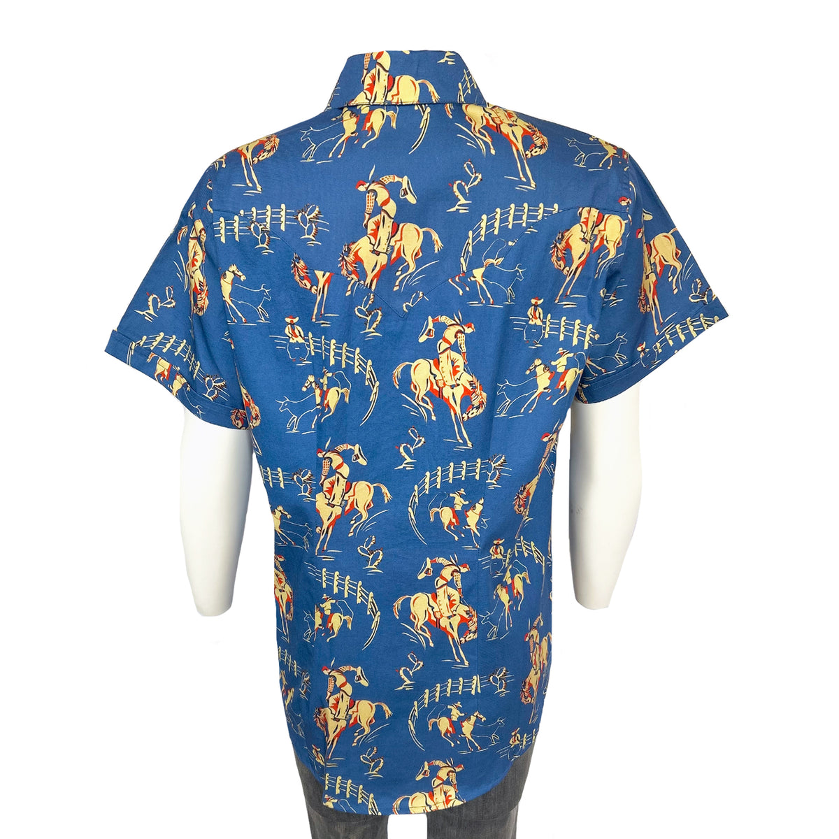 Men's Vintage Blue Bronc Print Short Sleeve Western Shirt