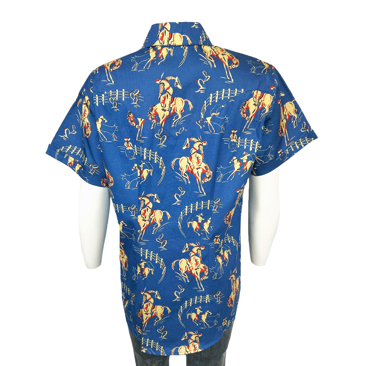 Women’s Vintage Bronc Print Short Sleeve Blue Western Shirt