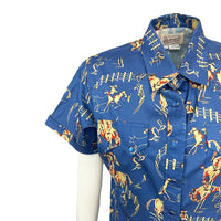 Women’s Vintage Bronc Print Short Sleeve Blue Western Shirt