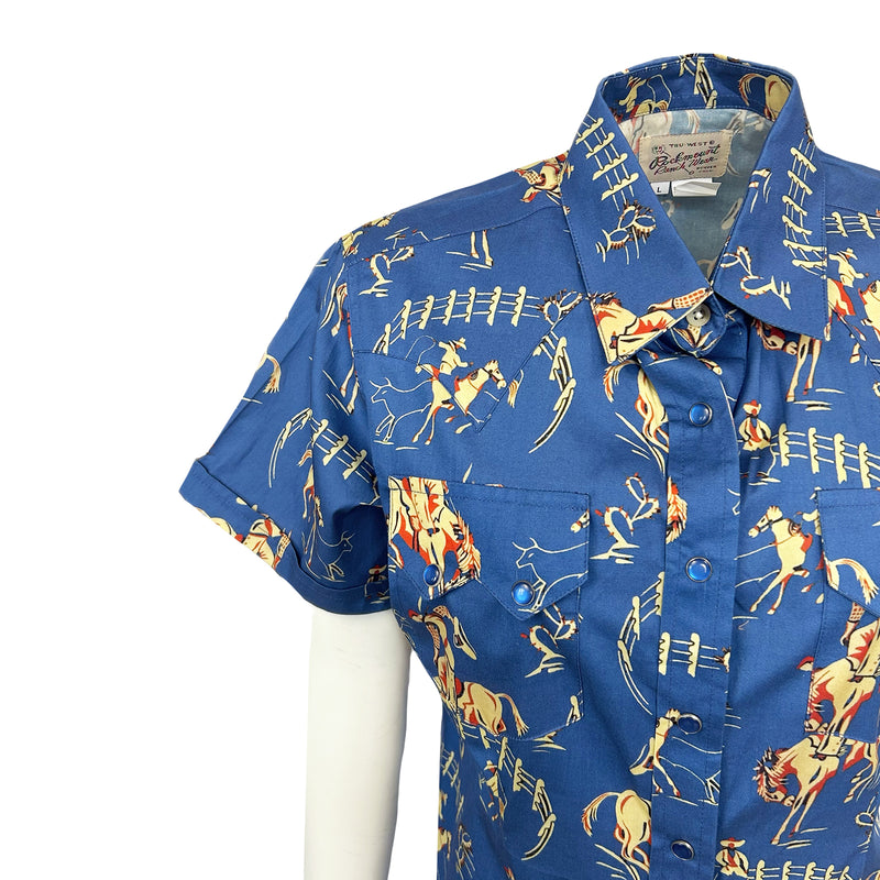 Women’s Vintage Bronc Print Short Sleeve Blue Western Shirt