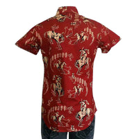 Women’s Vintage Bronc Print Short Sleeve Red Western Shirt