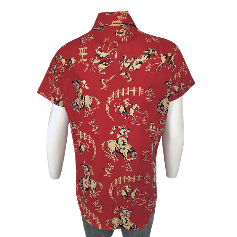 Women’s Vintage Bronc Print Short Sleeve Red Western Shirt