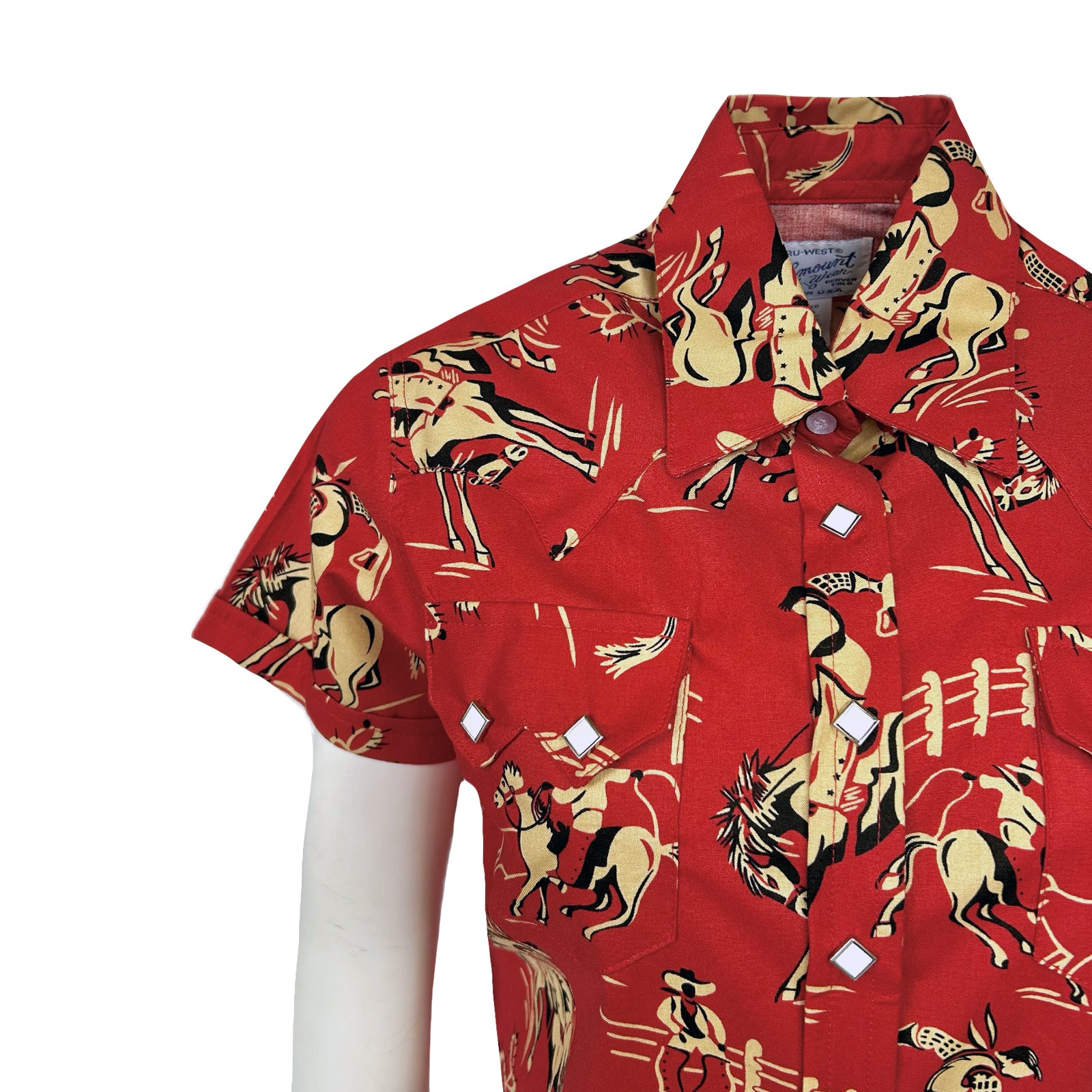Women’s Vintage Bronc Print Short Sleeve Red Western Shirt