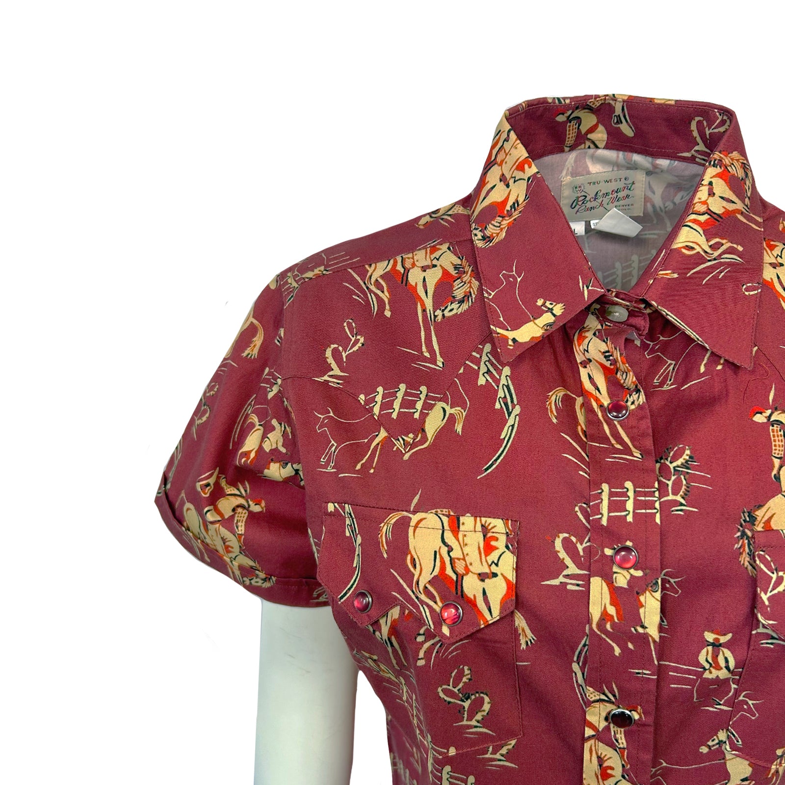 Women’s Vintage Bronc Print Short Sleeve Red Western Shirt