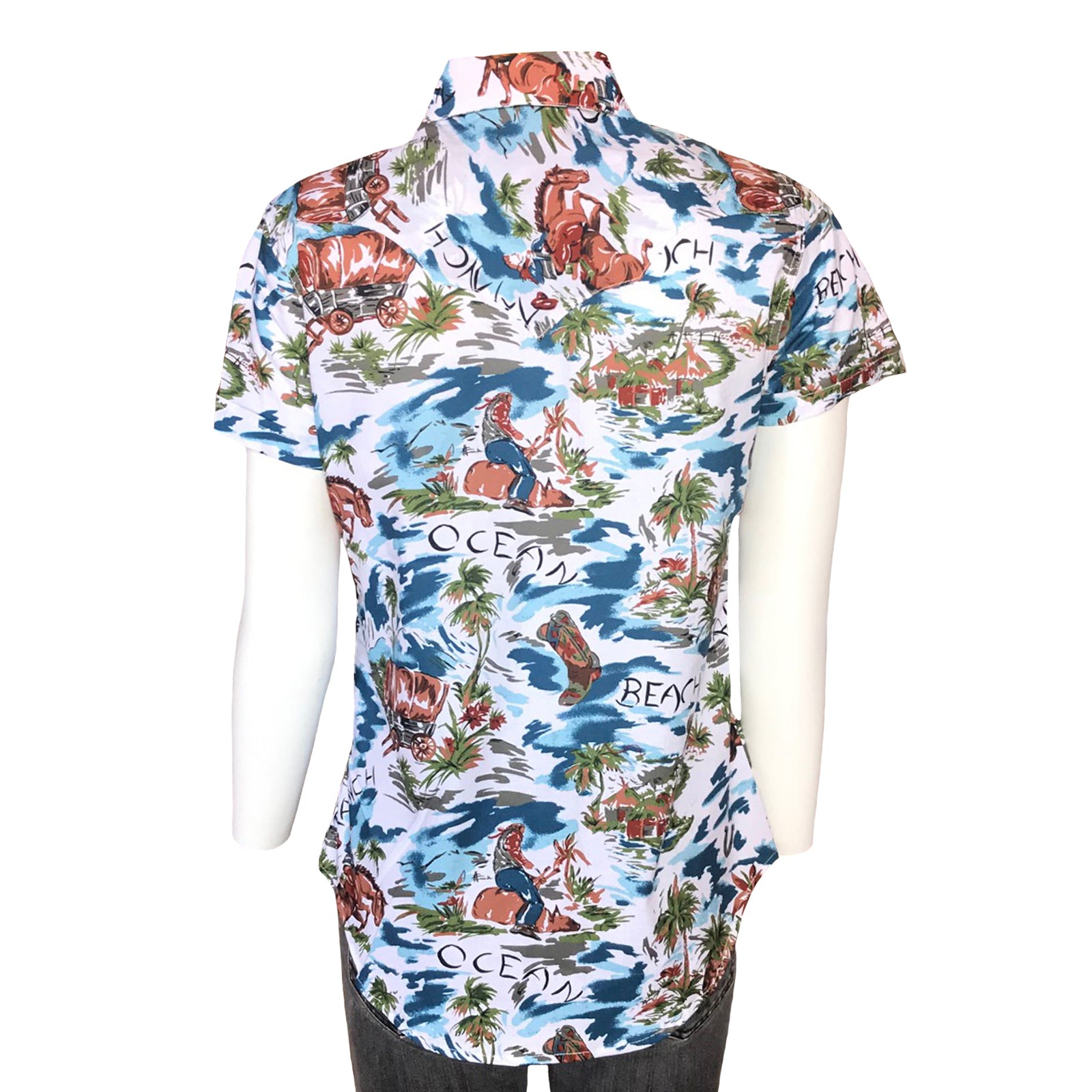 Women’s Blue Western Hawaiian Print Short Sleeve Shirt