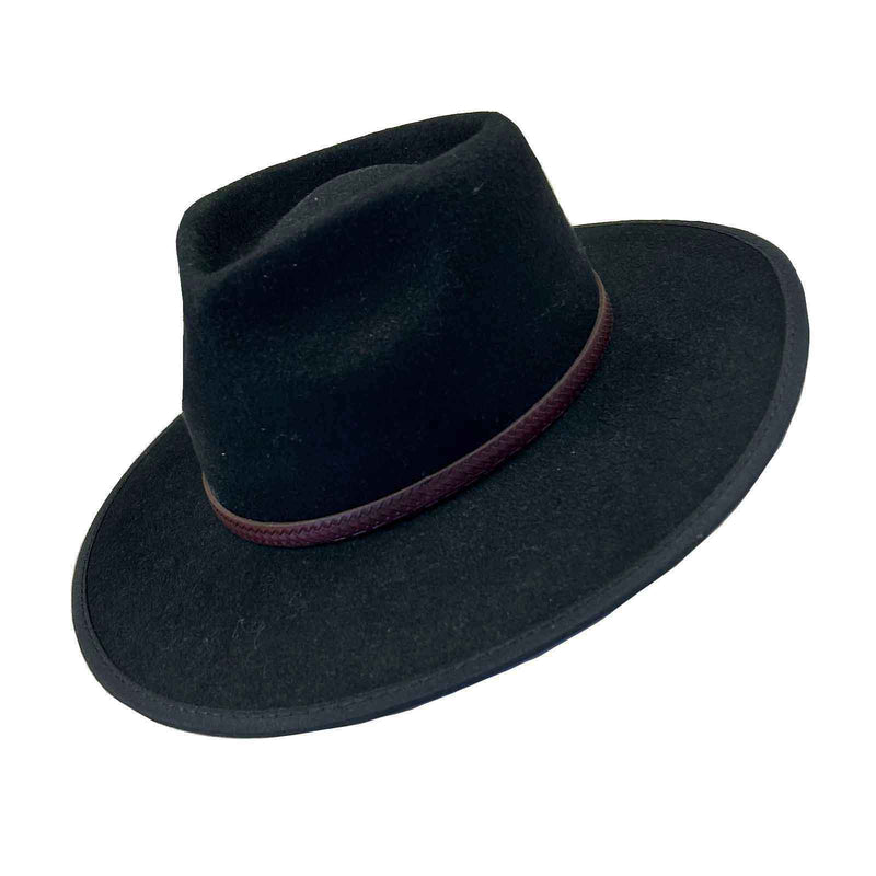 Black Wool Felt Flat Brim Western Cowboy Hat with Faux Leather Band