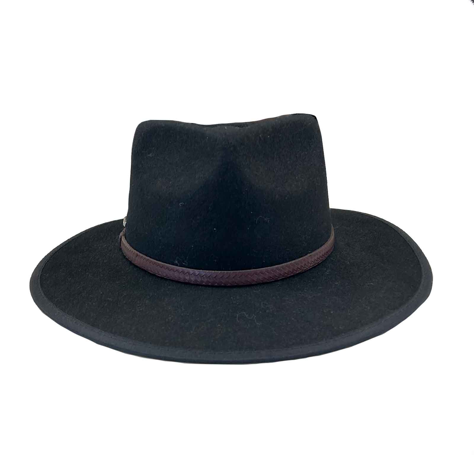 Black Wool Felt Flat Brim Western Cowboy Hat with Faux Leather Band