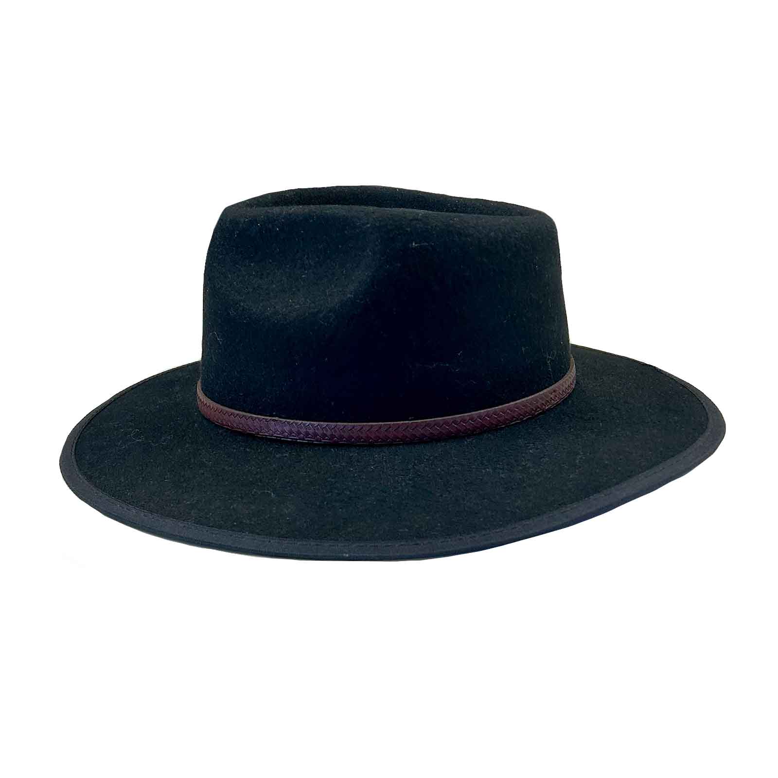 Black Wool Felt Flat Brim Western Cowboy Hat with Faux Leather Band