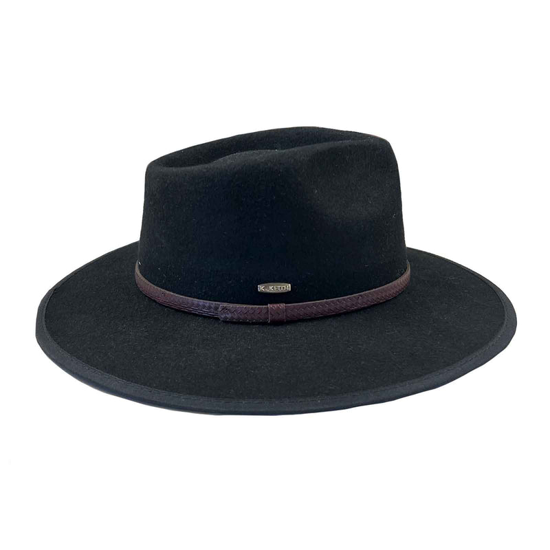 Black Wool Felt Flat Brim Western Cowboy Hat with Faux Leather Band