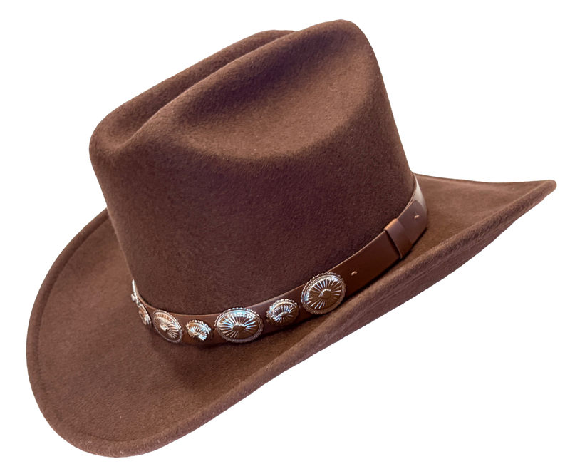 Brown Leather Western Hat with Concho Band - Men or Women Brown Suede Western Cowboy Hat With Studded Leather Band and  main image 4