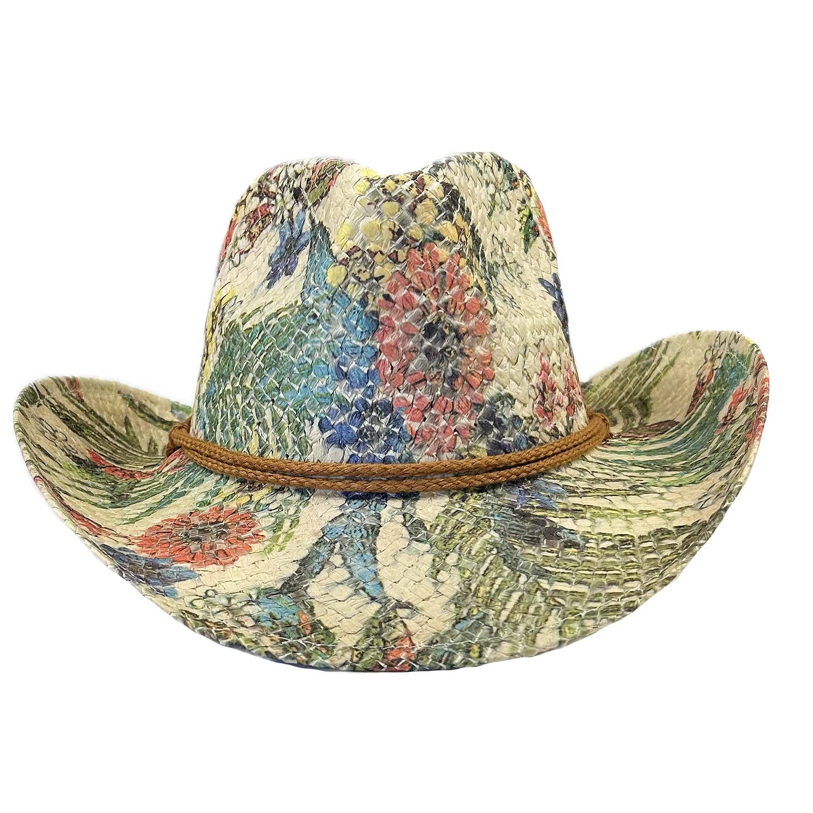 Floral Print Straw Western Cowgirl Hat