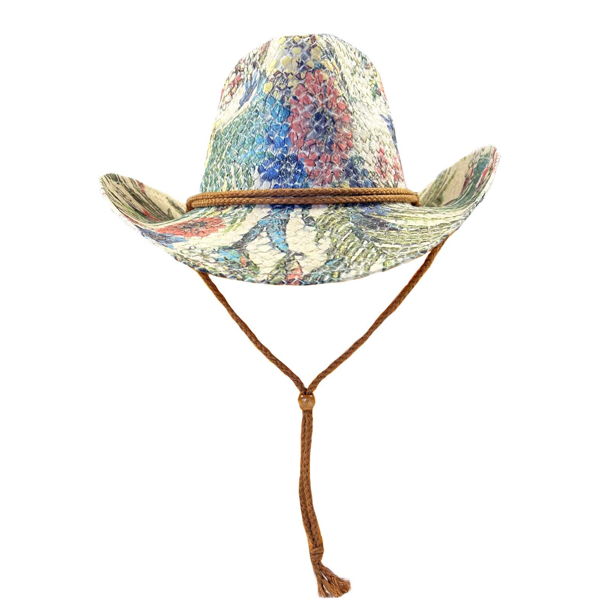 Floral Print Straw Western Cowgirl Hat with Chin Cord