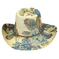 Floral Violet & Green Print Straw Western Cowgirl Hat