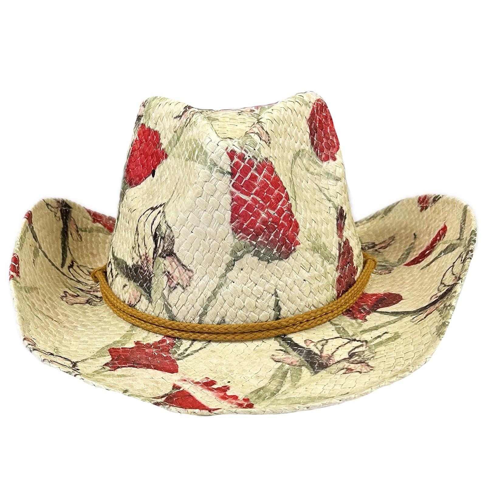 Floral Red & Green Print Straw Western Cowgirl Hat