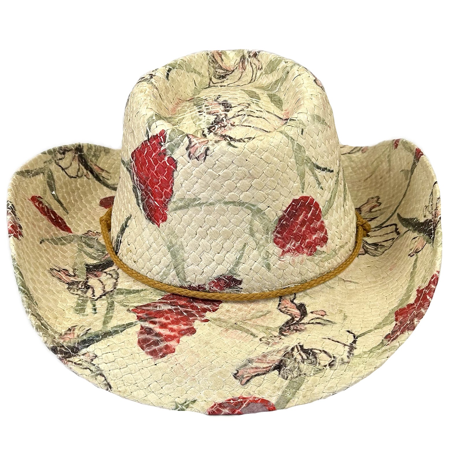 Floral Red & Green Print Straw Western Cowgirl Hat