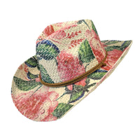 Pink & Green Floral Print Straw Western Cowgirl Hat