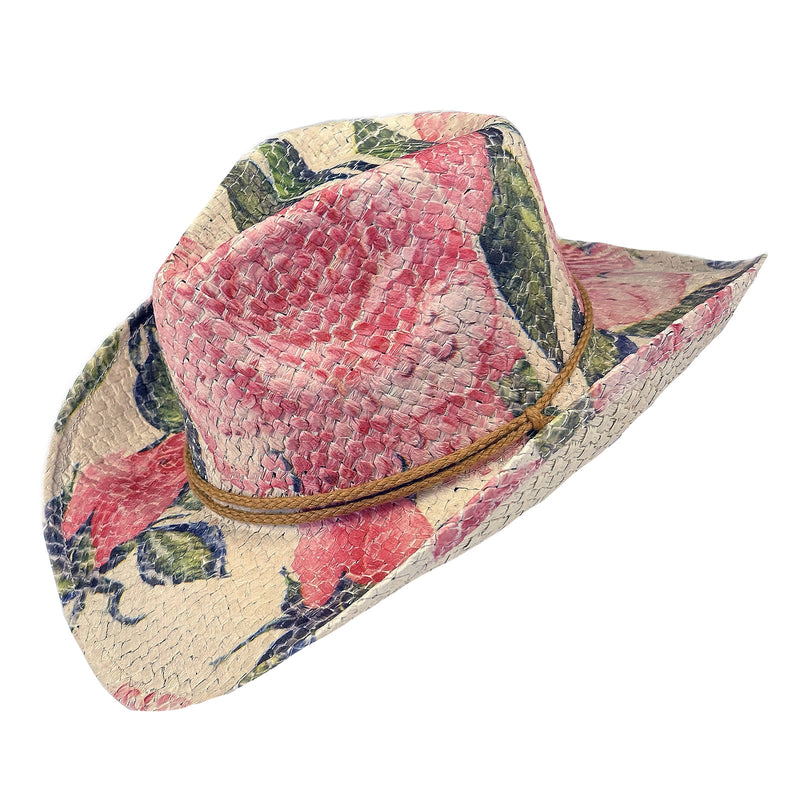 Pink & Green Floral Print Straw Western Cowgirl Hat