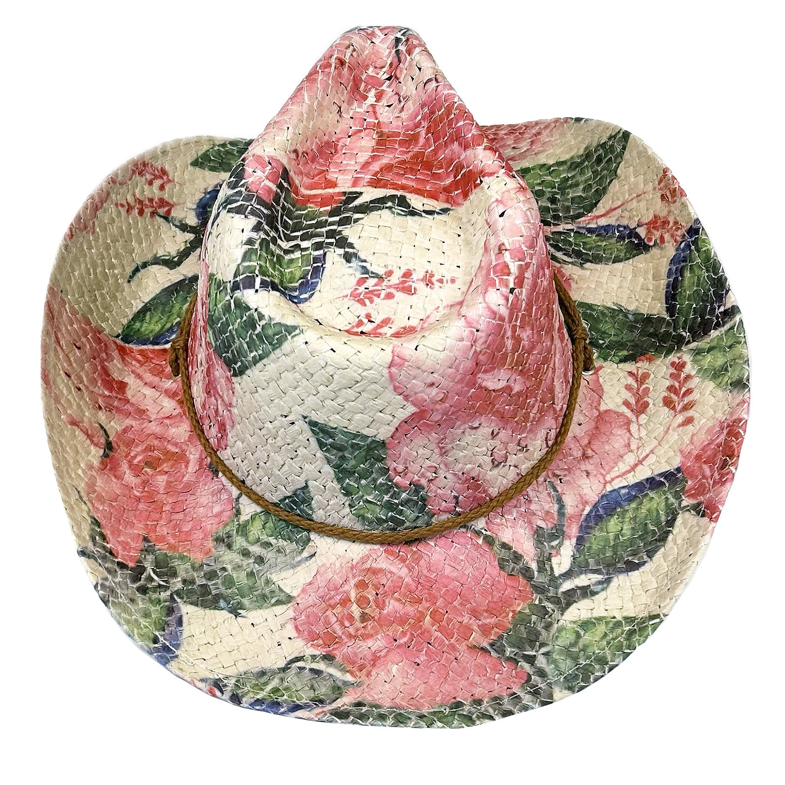 Pink & Green Floral Print Straw Western Cowgirl Hat