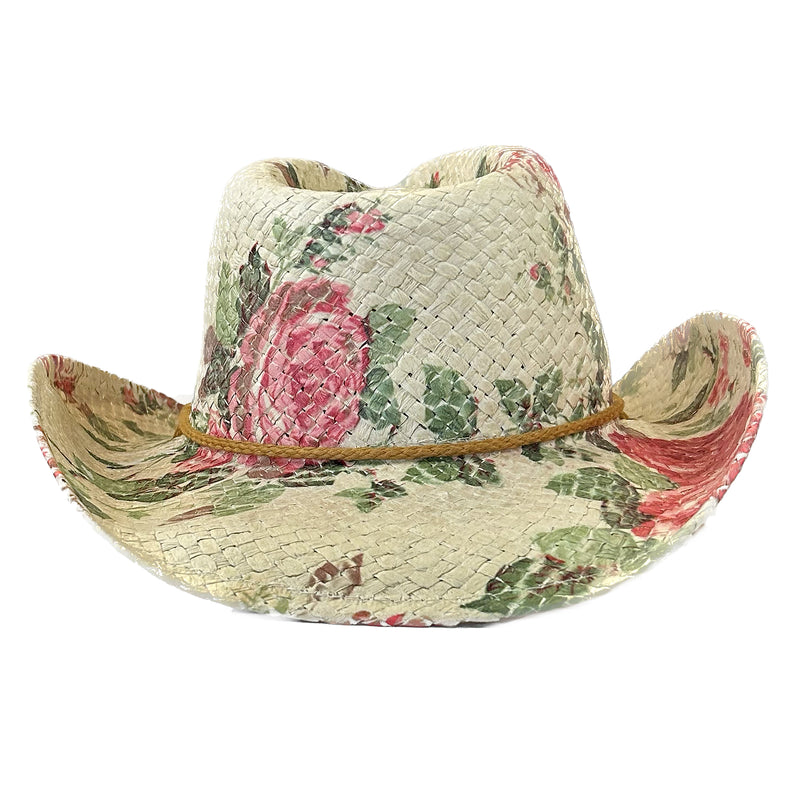 Pink & Green Floral Print Straw Western Cowgirl Hat