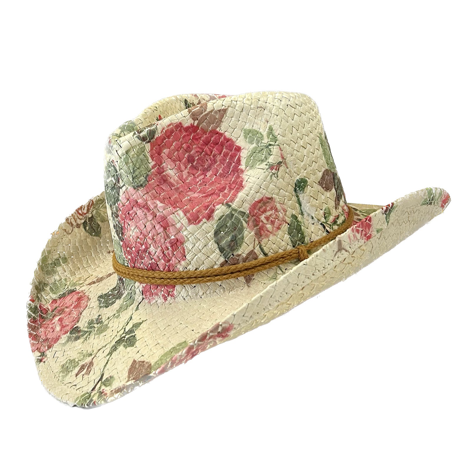 Floral Red & Green Print Straw Western Cowgirl Hat