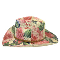 Pink & Green Floral Print Straw Western Cowgirl Hat