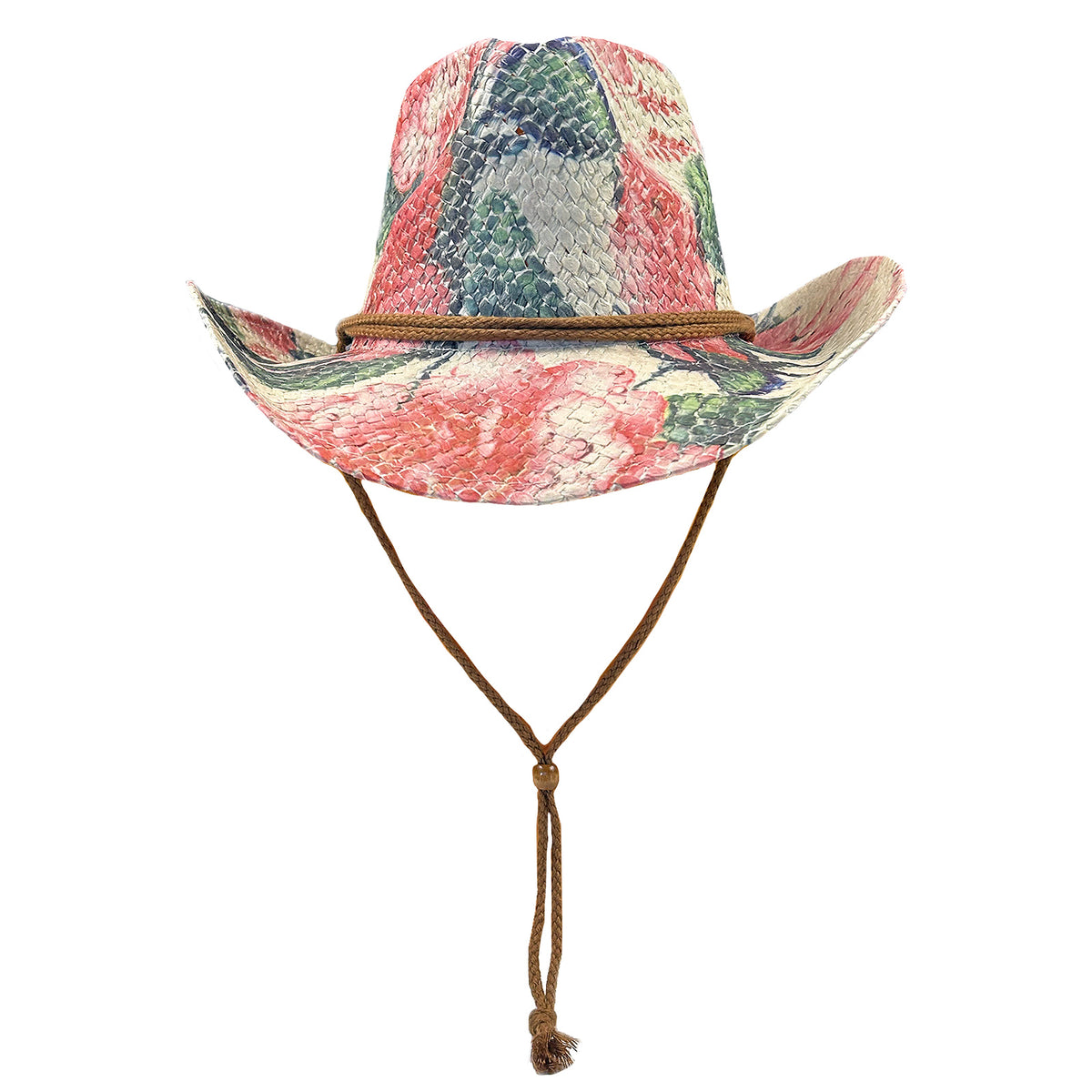 Pink & Green Floral Print Straw Western Cowgirl Hat