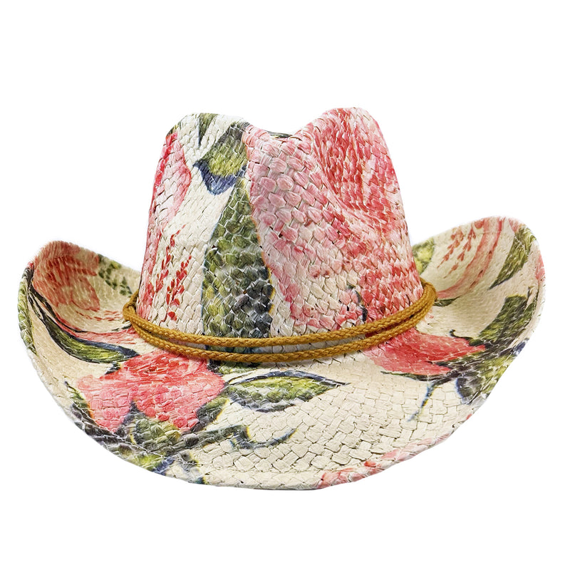 Pink & Green Floral Print Straw Western Cowgirl Hat