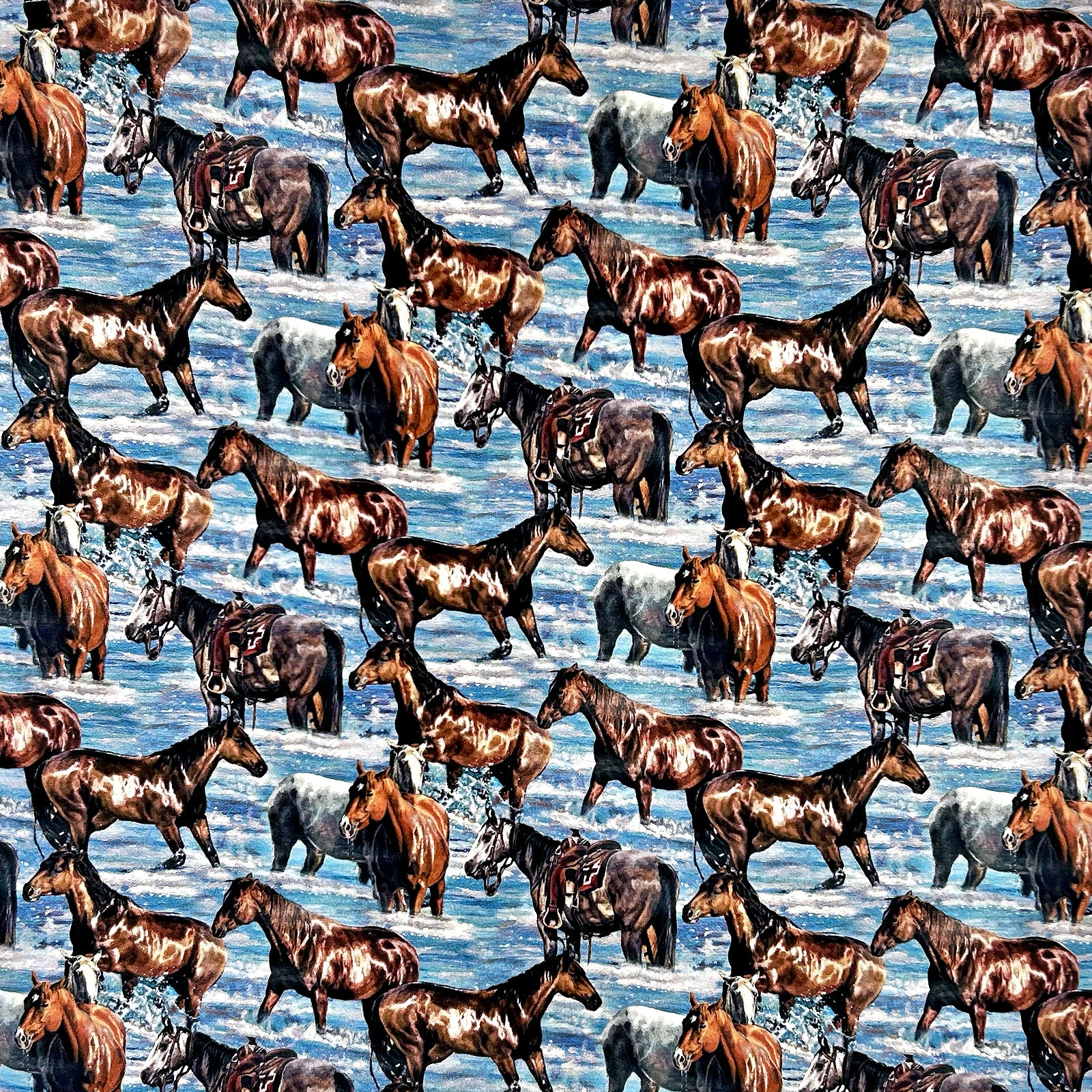 Horses in Water Western Cotton Bandana in Blue