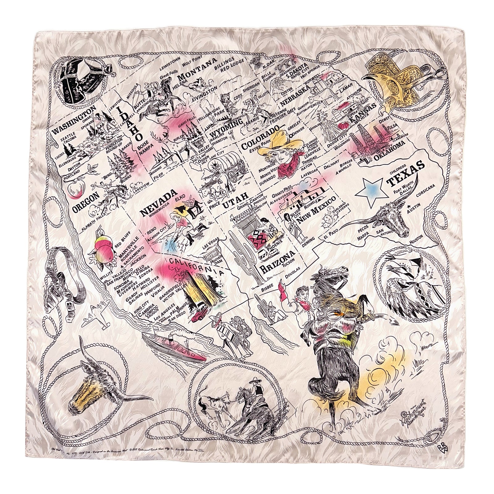 Vintage Western U.S. States Map Silk Scarf