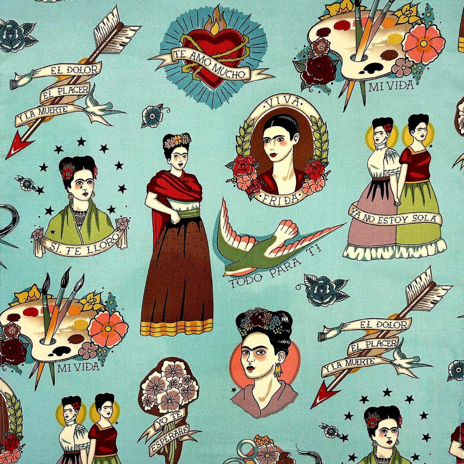 Viva Frida Kahlo Western Cotton Bandana in Turquoise