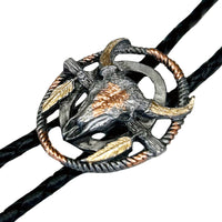 Tri-Color Steer Skull with Feathers Western Bolo Tie