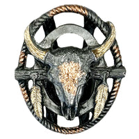 Tri-Color Steer Skull with Feathers Western Bolo Tie