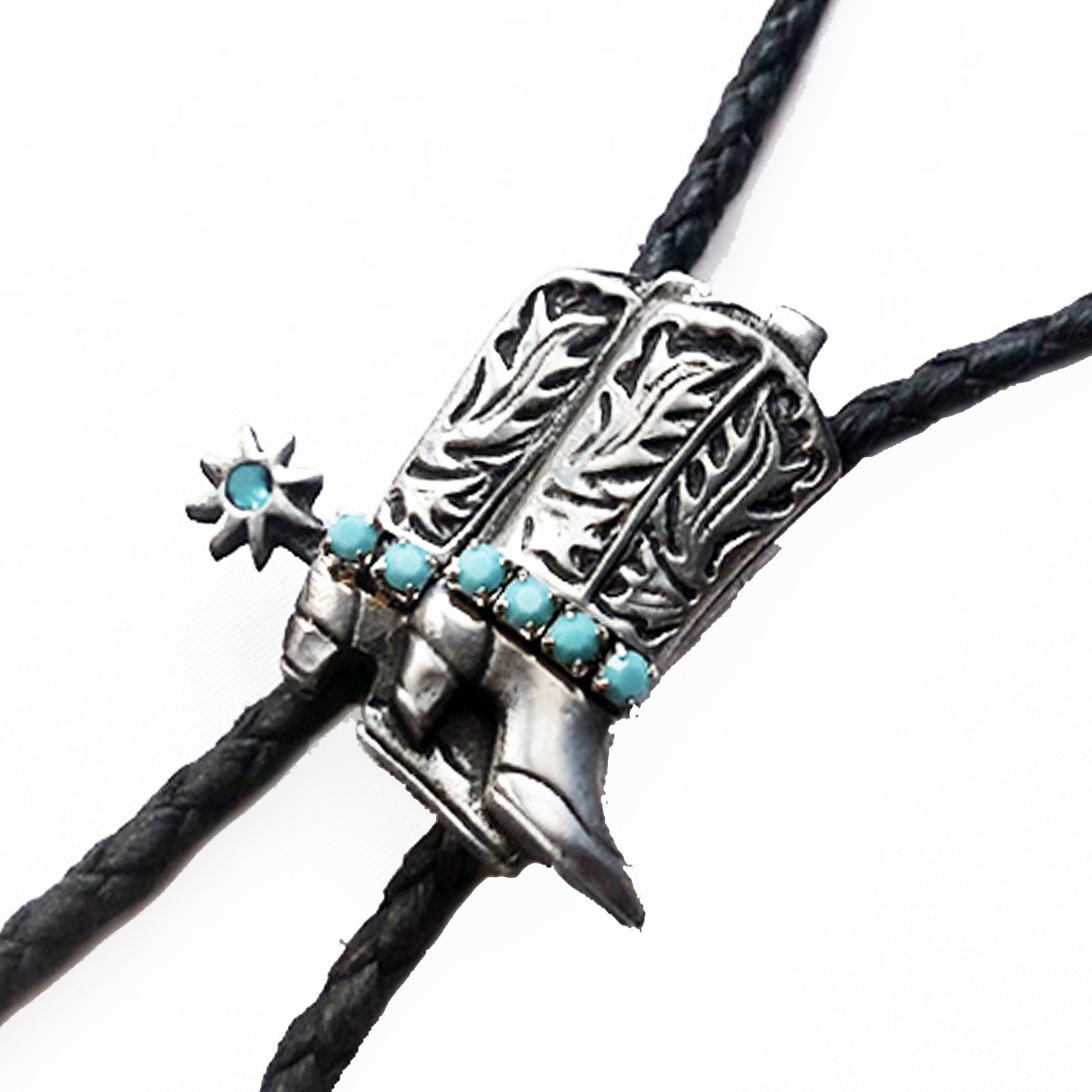 Silver Cowboy Boots with Turquoise Inlay Western Bolo Tie