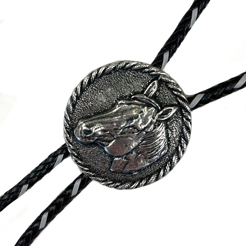 Pewter Horsehead in Round Frame Western Bolo Tie