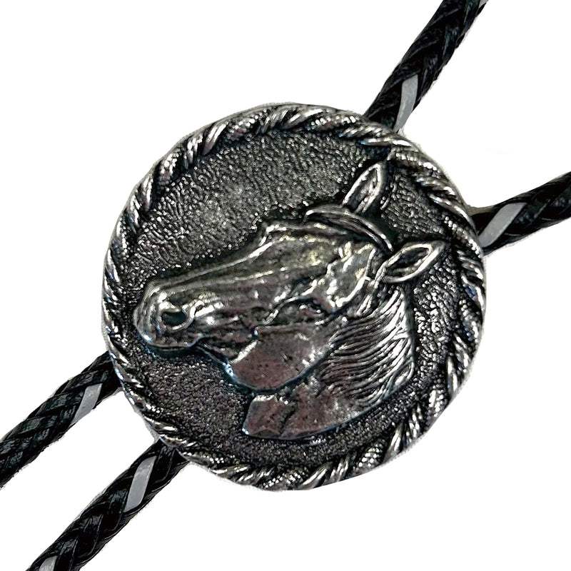 Pewter Horsehead in Round Frame Western Bolo Tie