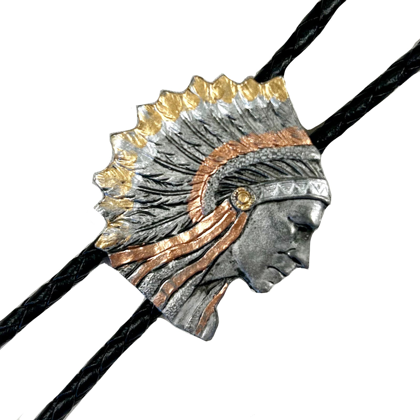 Pewter Indian Chief Tri-Tone Western Bolo Tie