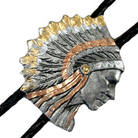 Pewter Indian Chief Tri-Tone Western Bolo Tie