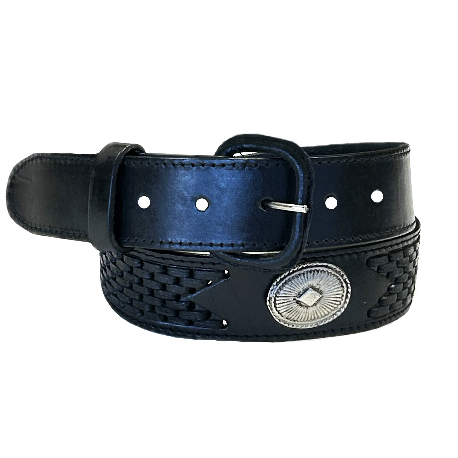 Black Leather Western Belt with Lacing & Conchos - SPECIAL PRICE