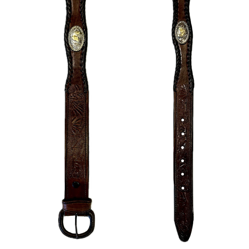 Brown Leather Western Tooled Belt Scallop Laced Edge & Conchos - SPECIAL PRICE